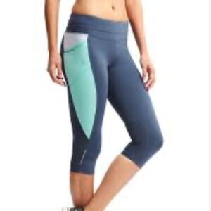 Athleta Colorblock Be Free Knicker Leggings Blue Green‎ Zip Pockets